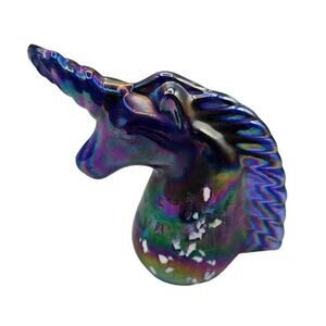 Vintage Iridescent Unicorn Head Bust Glass Paperweight Purple Blue